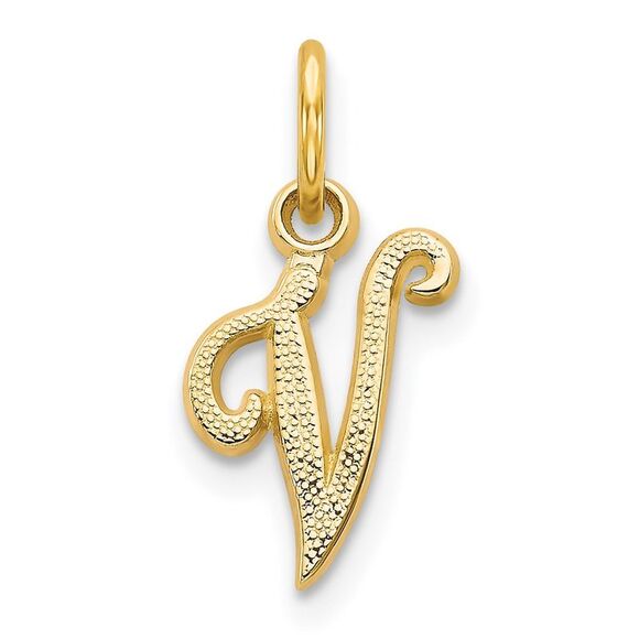 The Sadie 14k Yellow Gold Mini Satin Script Initial Charm, Letter V - Picture 1 of 5